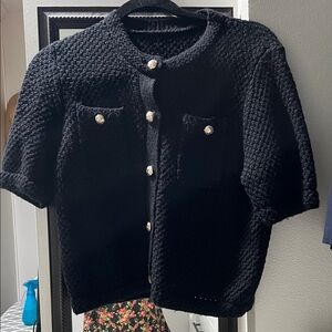Goelia Black Textured Short Sleeve Cardigan, designer looked buttons,size M,NWOT